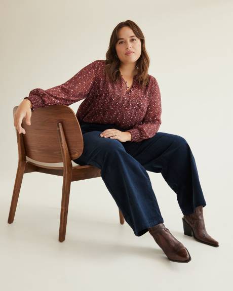 Floral Blouse with Split Neckline and Smocked Cuffs