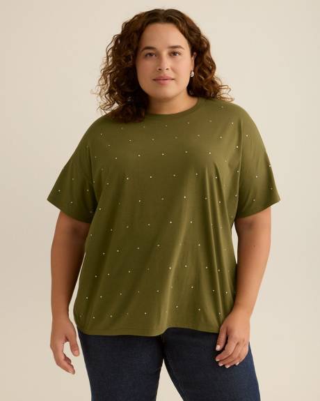 Crewneck Knit Top with Leaf Rhinestone Embellishment Crewneck Knit Top with Leaf Rhinestone Embellishment