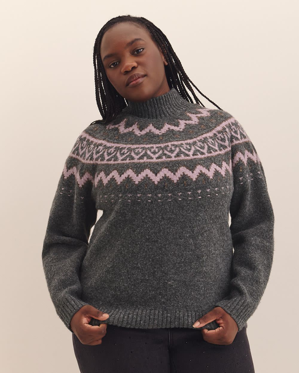 Grey Mock-Neck Sweater with Metallic Fair Isle Print Grey Mock-Neck Sweater with Metallic Fair Isle Print