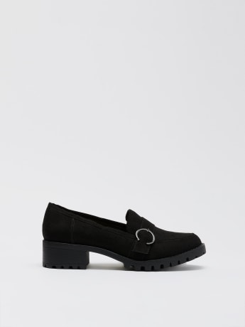 Extra Wide Width, Black Suede Loafer with Belt Buckle Ornament