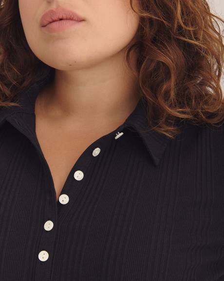 Ribbed Elbow-Sleeve Polo Knit Top