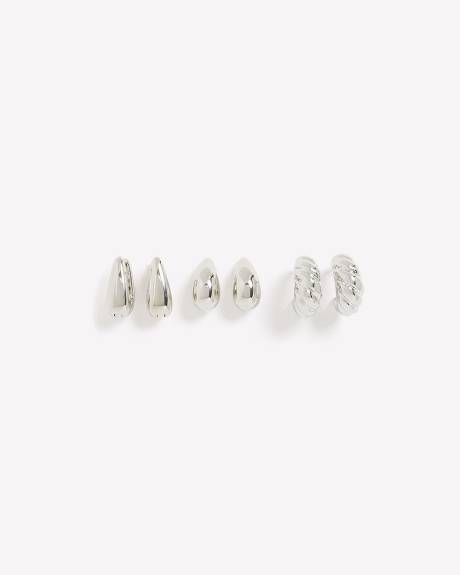 Mini boucles d'oreilles anneaux épaisses argentées, ens. de 3