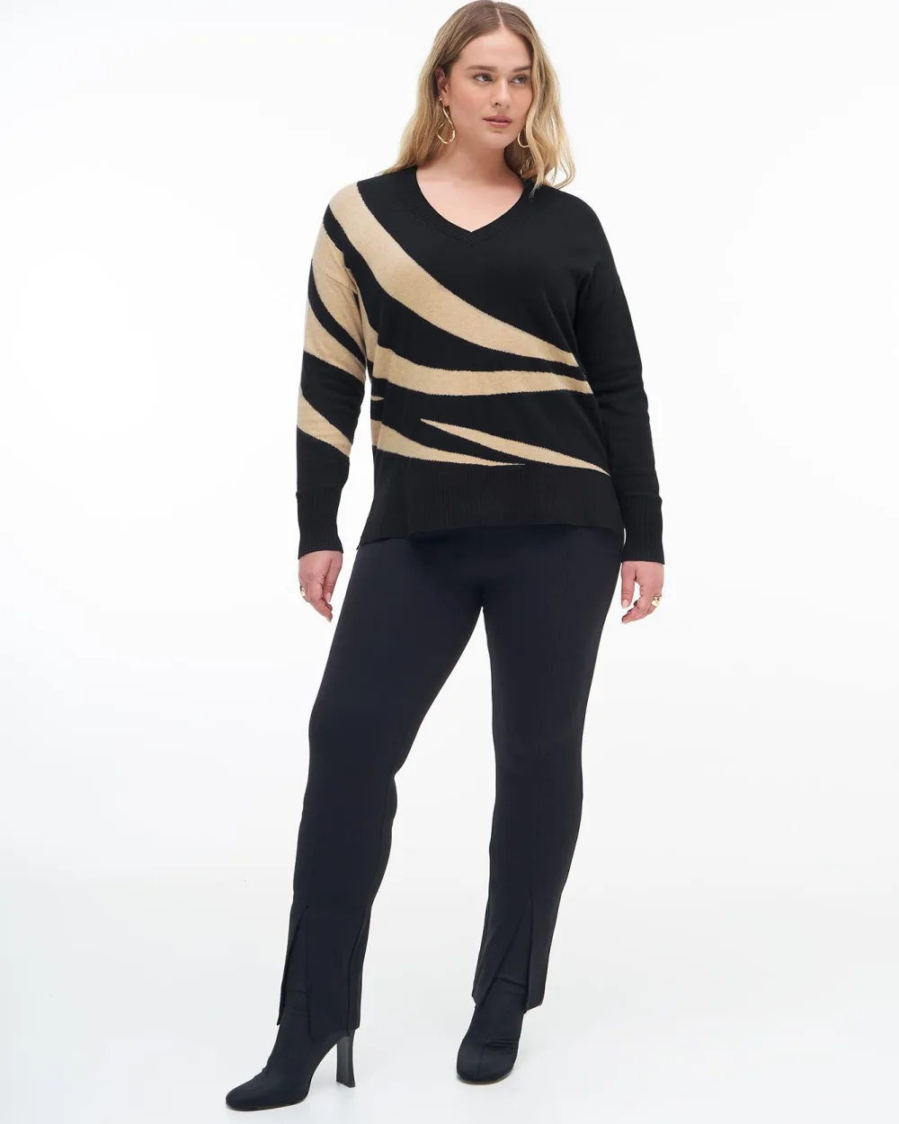 Black V-Neck Boxy Jacquard Sweater - Addition Elle