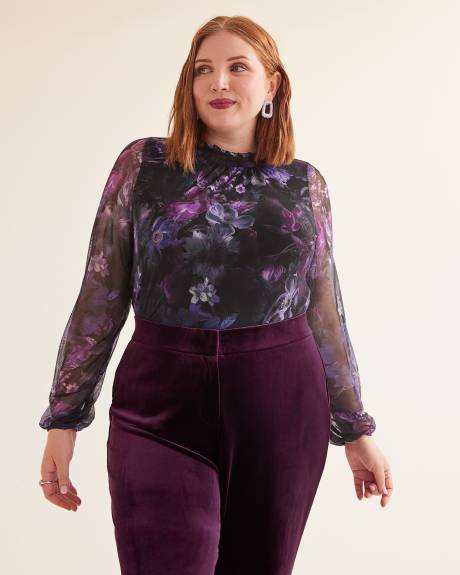 Floral Mesh Top with Smocking Collar