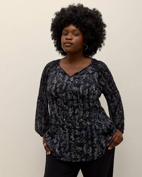 Scoop-Neck Swing Blouse with Long Balloon Sleeves