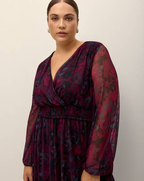 Long-Sleeve Printed Maxi Dress with Shark Bite Hem