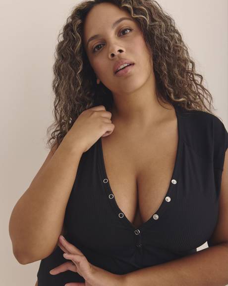 Black Rib Cap-Sleeve Henley Tankini Top
