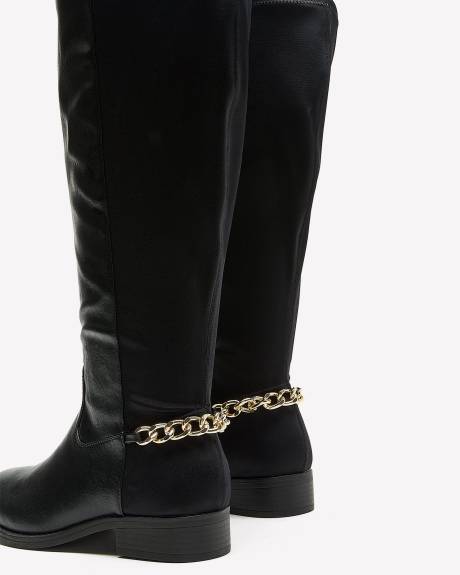 Extra Wide Width, Tall Black Boots with Golden Chain
