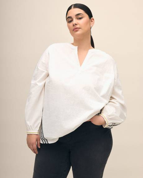 Long-Sleeve Split-Neck Blouse with Embroidery Detail