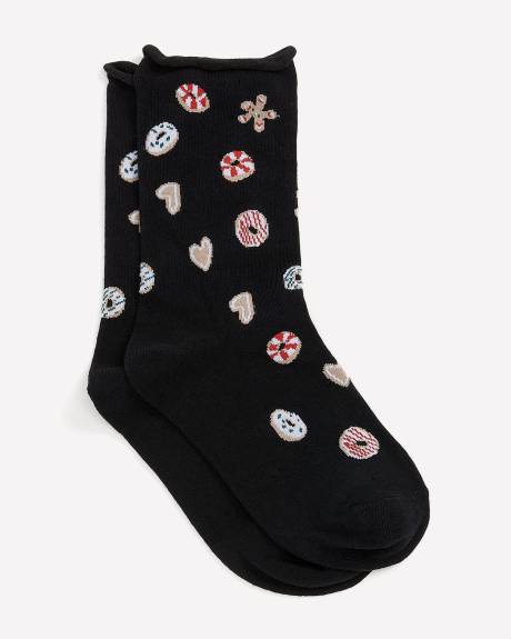 Rolled-Edge Crew Socks with Donut and Gingerbread Print