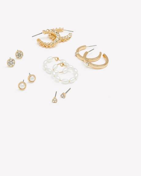 Mini Hoop and Stud Earrings with Pearls, Set of 6