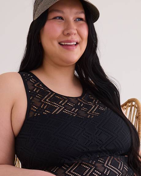 Black Pattern-Mesh Tankini Top