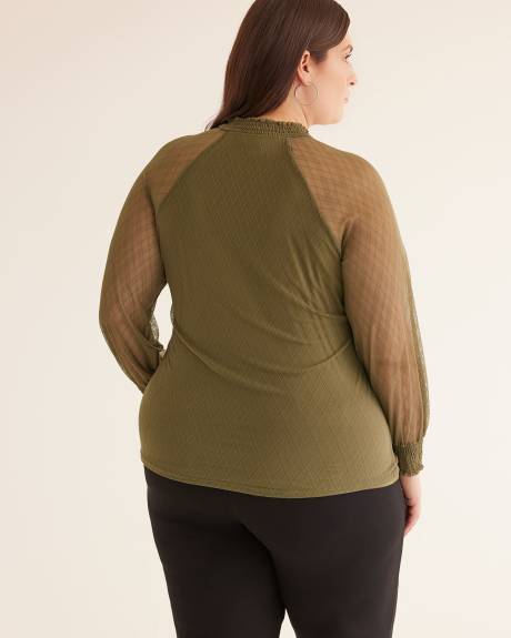 Floral Lace Knit Top with Smocking Mock Neckline