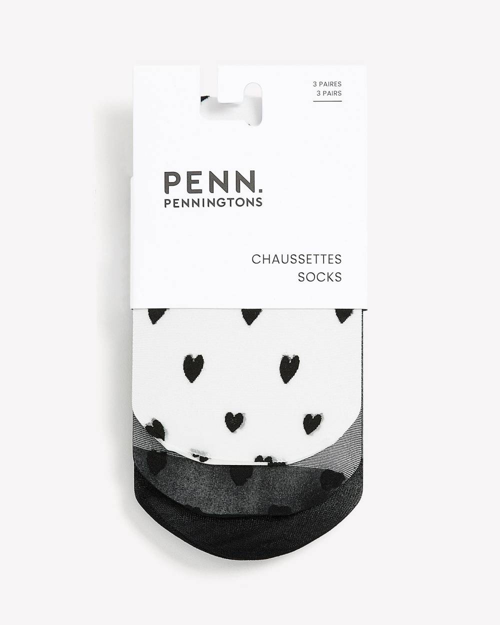 Black Nylon Ankle Socks Heart Detail, Set of 3 Penningtons