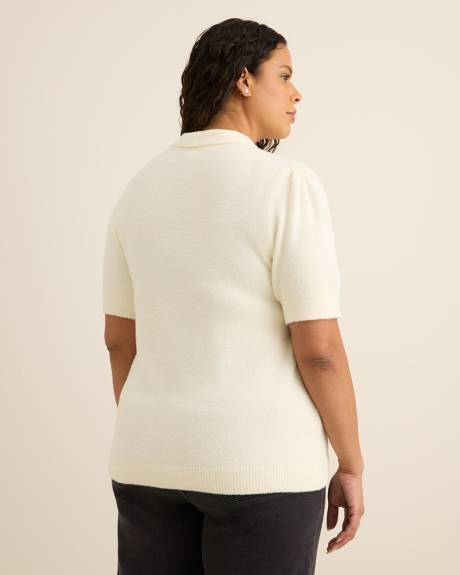 Plush Short-Sleeve Polo Sweater with Fancy Buttons