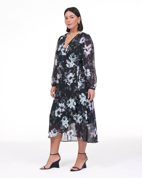 Midi Woven Wrap Dress with Long Sleeves - Addition Elle