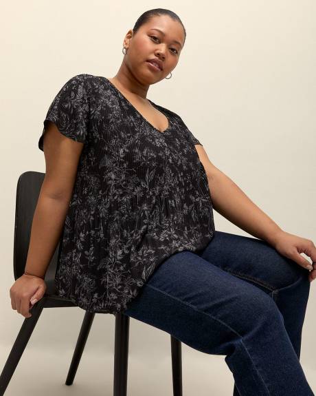 Responsible, Pleated V-Neck Blouse with Short Flutter Sleeves