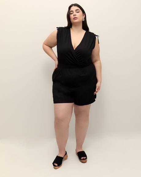 Sleeveless V-Neck Romper with Shoulder Ties