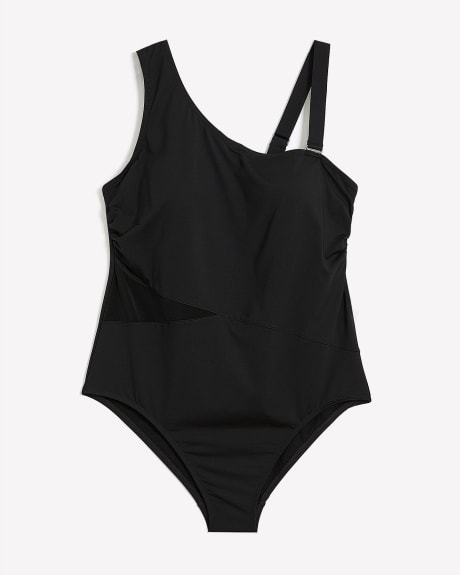 Black Asymmetrical One-Piece Swimwear with Mesh Insert