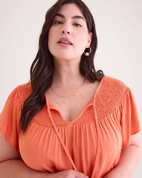Short Sleeve Blouse with Smocked Neckline