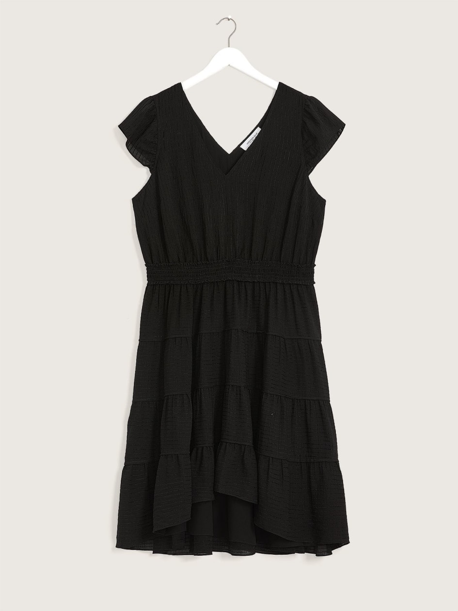 Black Tiered Midi Dress with High-Low Hem - Addition Elle