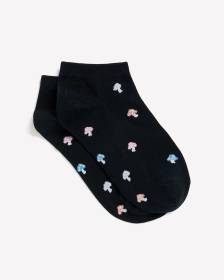 Mushroom-Print Navy Blue Ankle Socks