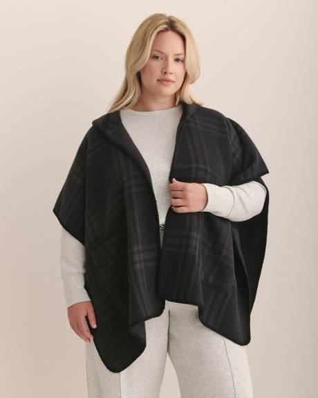 Black Plaid Hooded Cape with Pockets