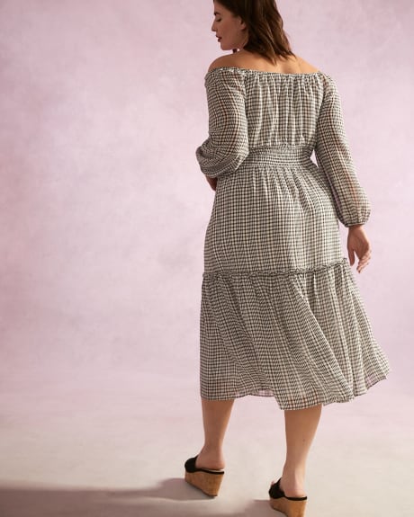 Long Sleeve Off the Shoulder Gingham Midi Dress - Addition Elle