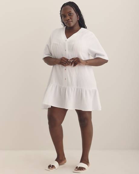 White Sol Buttoned-Down Cover-Up Shirt with Flared Hem - Raisins Curve