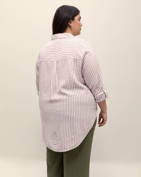 Striped Linen Blend Buttoned Down Shirt with Rolled-Up Sleeves