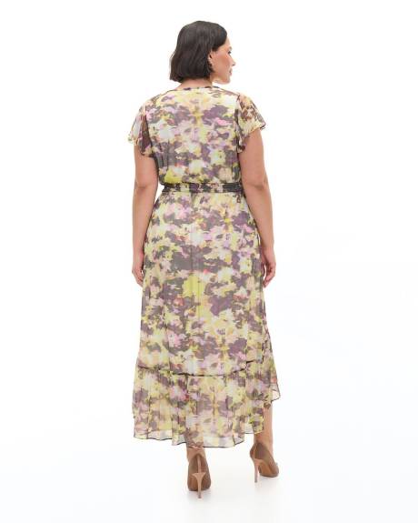 Printed Mesh Dress with Ruffle Details - Addition Elle