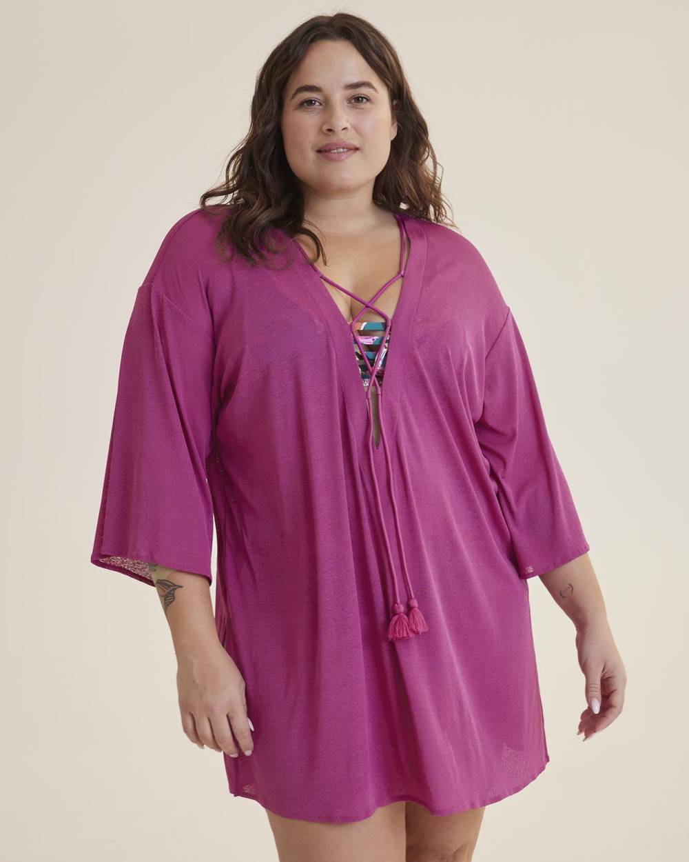 Knit Cover-Up Swim Dress with 3/4 Sleeves