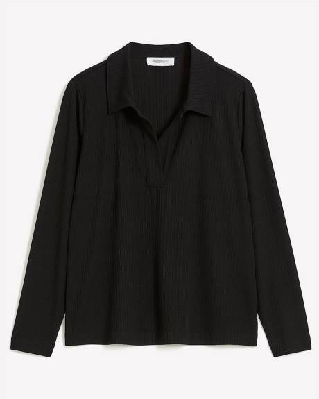 Ribbed Long-Sleeve Polo Knit Top - Addition Elle
