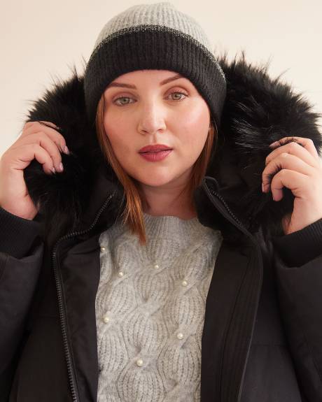 Grey & Black Knit Cuff Beanie with Metallic Tipping