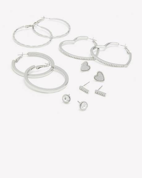 Boucles d'oreilles boutons et anneaux avec coeur, ens. de 6