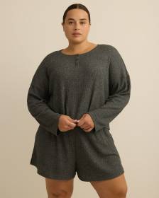 Long-Sleeve Crop Waffle Knit Pyjama Top with Placket - ti Voglio