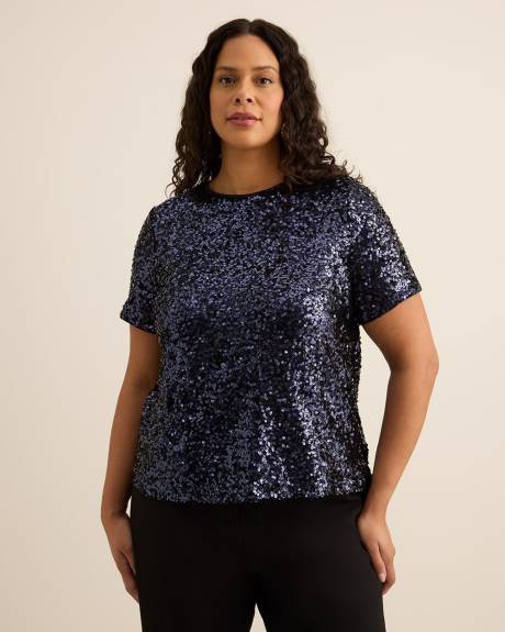 Short-Sleeve Sequins Crewneck Top