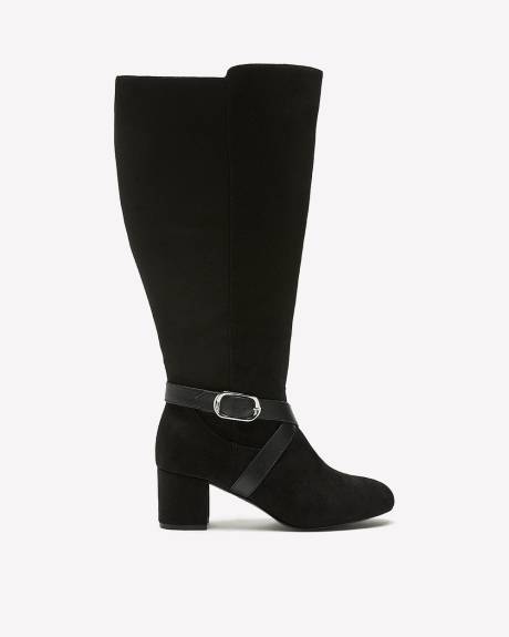 Extra Wide Width, Black Tall Heeled Boot with Wraparound Buckle