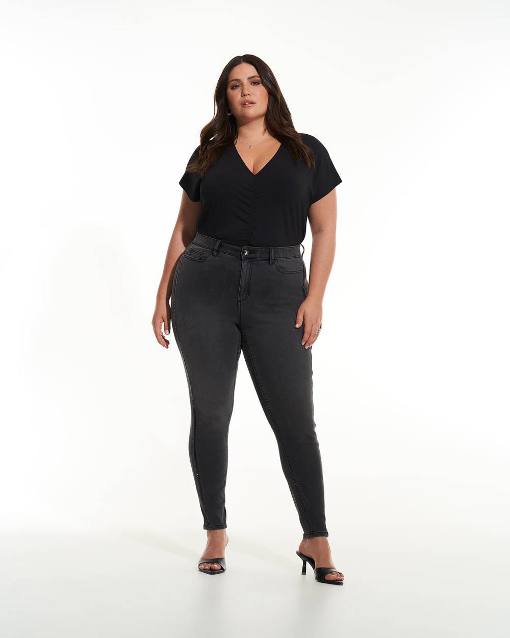 Responsible, Black Curvy-Fit Jeggings with Rhinestone Side Seam