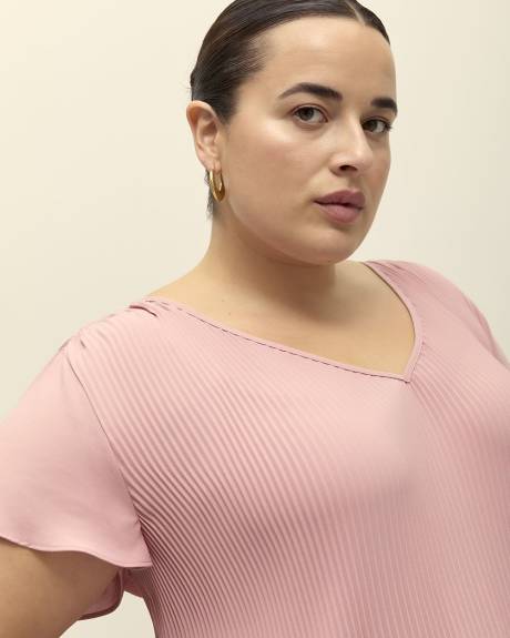 Responsible, Pleated V-Neck Blouse with Short Flutter Sleeves