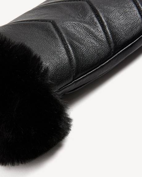 Black Leather V-Stitch Quilted Mittens with Faux-Fur Cuffs