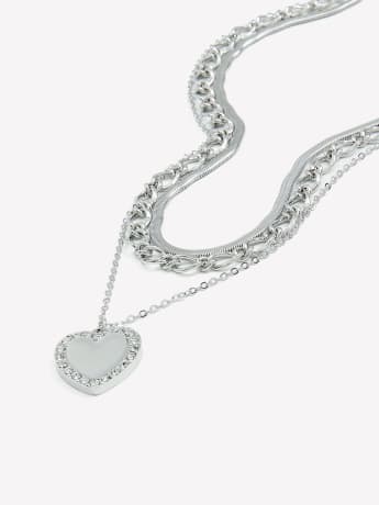 Three-Layer Silver Short Necklace with Heart Pendant
