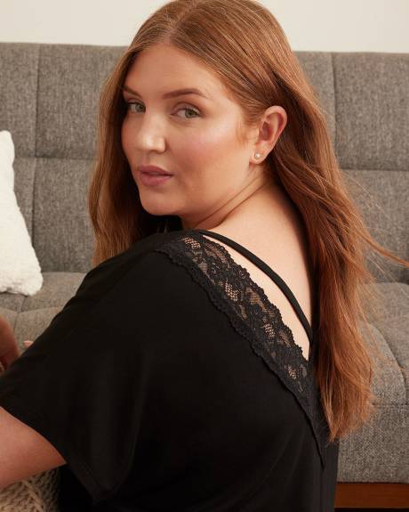 Responsible, Black Mid-Length Sleepshirt with Back Lace Trim - ti Voglio