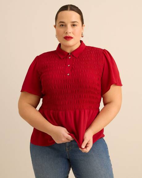 Responsible, Smocking Fit and Flare Blouse with Shirt Collar