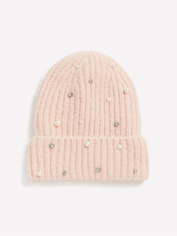 Ribbed Knit Cuff Beanie with Fleece Lining and Decorative Pearls