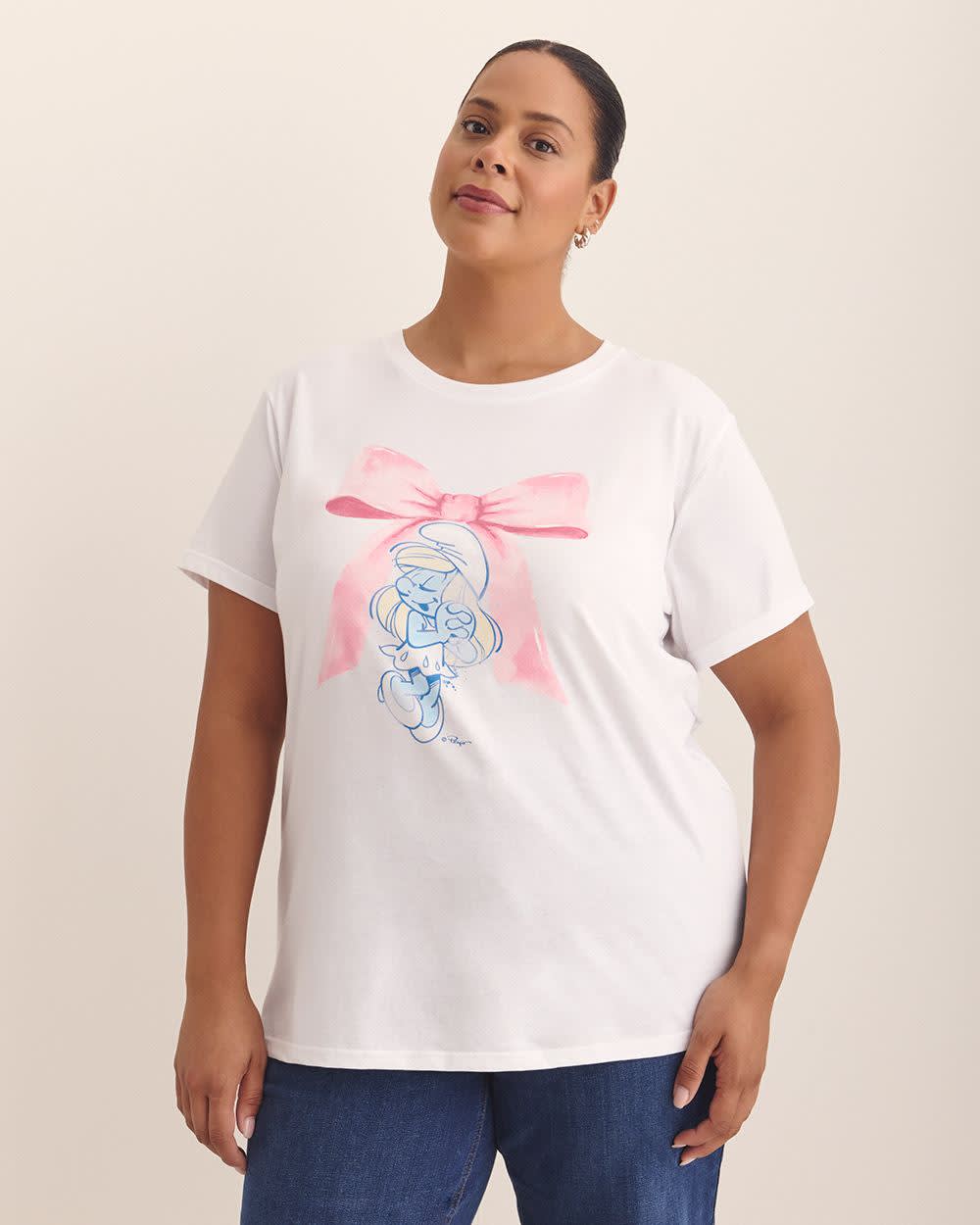 White Short-Sleeve Crewneck Tee with Smurphette Print
