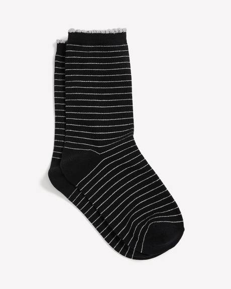 Black Scalloped-Edge Crew Socks with Metallic Stripes