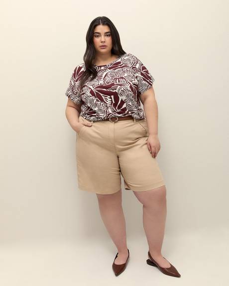 Foliage-Print Extended-Sleeve Top with Crisscross Back