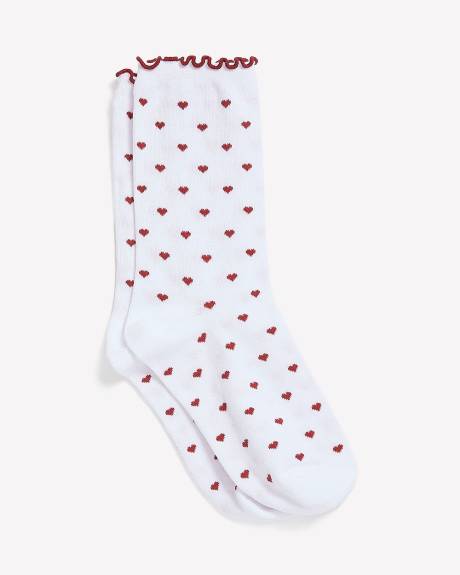 White Lettuce-Edge Crew Socks with Heart Print
