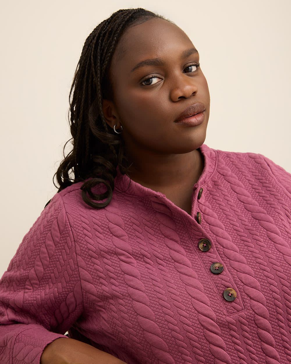 Long-Sleeve Cable Knit Buttoned Crewneck Top Long-Sleeve Cable Knit Buttoned Crewneck Top